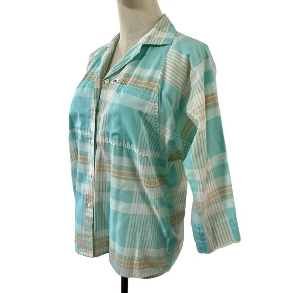Vintage top 70s 80s Blouse Shirt Button Pastel Blue Brown Bat Wing Plaid CERSE - Picture 4 of 10